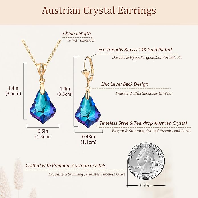 EVEVIC Austrian Crystals Baroque Pendant Necklace Earrings for Women 14K Gold Plated Hypoallergenic Leverback Drop Dangle Earrings Jewelry Set