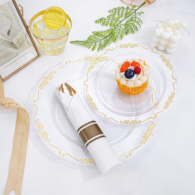 U-QE 350PCS Gold Plastic Plates - Disposable Dinnerware Set for 50 Guests - Clear and Gold Plates and Napkins Party Supplies include 100 Plate, 150 Silverware, 50 Cups, 50 Napkins for Weddings&Party