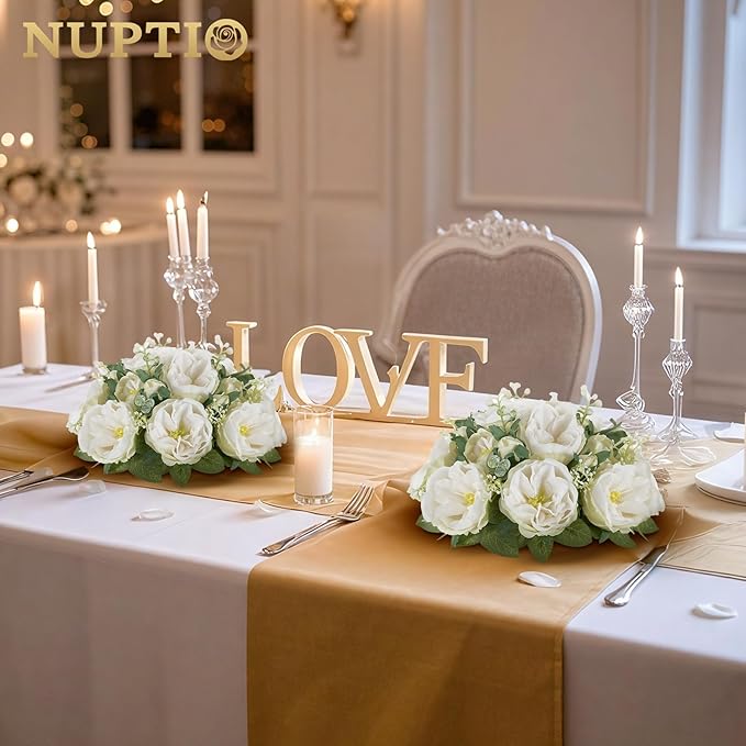 NUPTIO Artificial Flowers Ball Centerpieces: 10 Pcs 9.8 Inch Diameter Fake Kissing Rose Floral Balls for Wedding Party Bridal Shower Valentine Home - White Bouquet Arrangement Decorations for Table