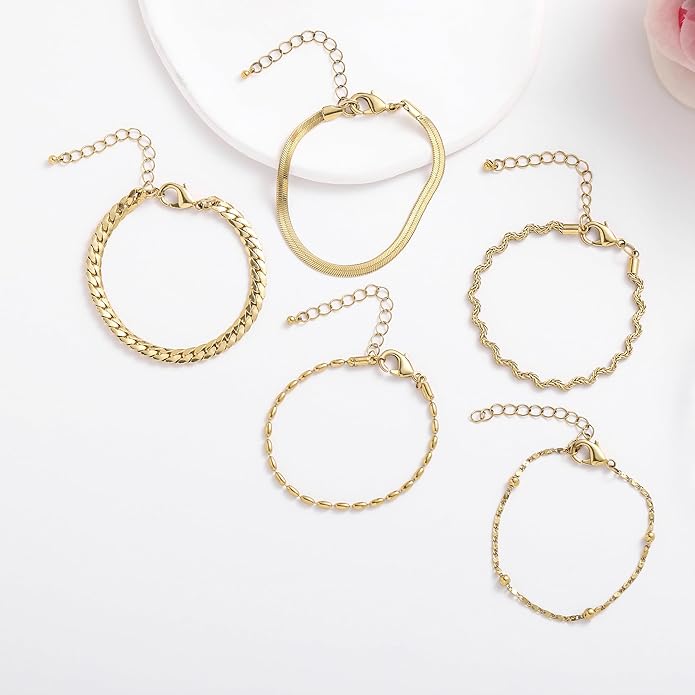 wgoud Dainty Gold Chain Bracelets, 14K Real Gold Plated Link Bracelets for Women, Trendy Stackable Bracelet Set, Waterproof Adjustable