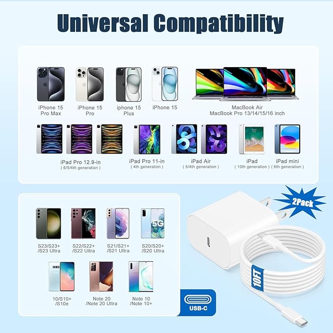 iPhone 16/15 Charger Fast Charging, 2Pack 10FT Long USB C to C Apple Fast Charging Cable Cord with 20W PD USB C Fast Charger Block for iPhone 16/15/15 Pro/15 Pro Max/15 Plus, iPad 12.9/11/10.9/Air 5/4