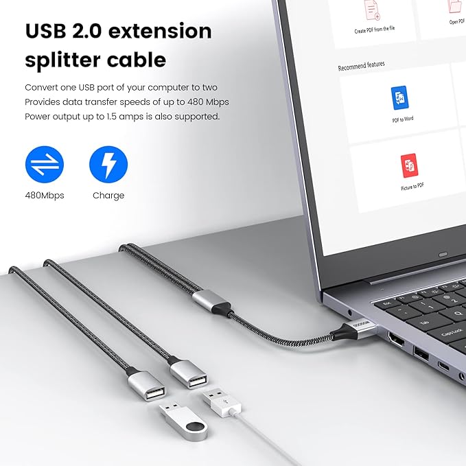 Durable USB A Male to 2 Female Extension Cord - Nylon Braided Splitter Cable for Printer, Keyboard, Flash Drive, Hard Drive, PlayStation