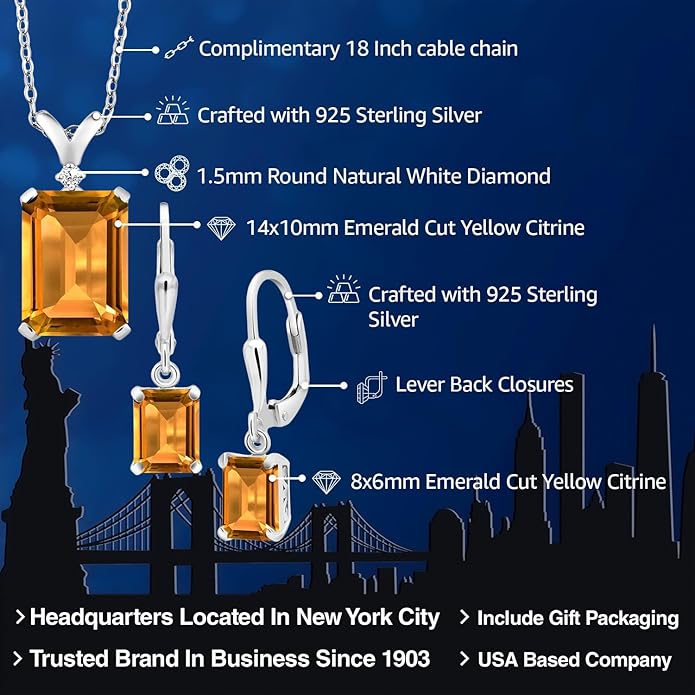 Gem Stone King 9-13 Cttw Pendant and Earrings Jewelry Set For Women | Emerald Cut 14X10MM and 8X6MM | Round 1.5MM | Gemstone Birthstone and Diamond | 925 Sterling Silver | 18 Inch Silver Chain