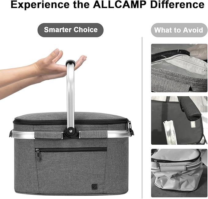 ALLCAMP Insulated Cooler Bag portable Collapsible Picnic Basket Cooler with Sewn in Frame (Medium Gray)