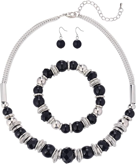 PEARL&CLUB Silver Beaded Statement Necklaces for Women Chunky Bead Necklace Bracelet and Earring Costume Jewelry Sets Gifts for Mom
