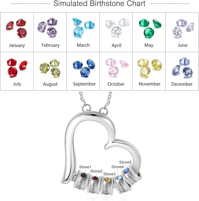 Personalized Women's Pendant Necklace 925 Sterling Silver with 1-5 Simulated Birthstone Names Customized Heart Shape Cubic Zirconia Necklace