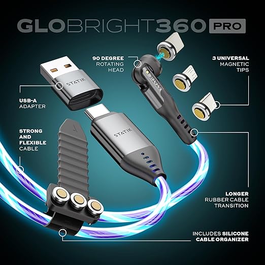 Statik 360 Pro Magnetic Charging Cable - Type C Charger Fast Charging 3 in 1 USB C to USB C Cable, Micro USB & iProduct Tips, USB A Adapter, Fits All Devices - 100W Fast Charger, GloBright 3FT/1M