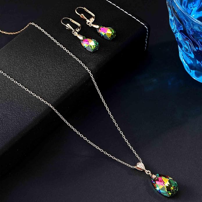 EVEVIC Austrian Crystals Teardrop Pendant Necklace Earrings for Women 14K Gold Plated Hypoallergenic Leverback Drop Dangle Earrings Jewelry Set