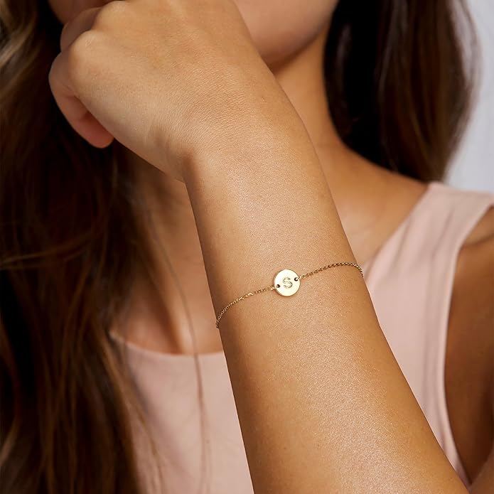 Ursteel Gold Initial Bracelet for Women Trendy - Valentines Day Gifts for Kids Teen Girls, Personalized A-Z Letter Cute Bracelet for Women, Dainty Gold Coin Disc Womens Jewelry Gifts