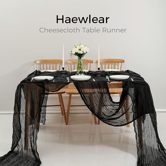 20 PCS Pack Black Cheesecloth Table Runner 10ft Boho Gauze Fabric Cheese Cloth Table Runner Comes with 20 Cloth Napkins Runner for Romantic Wedding Birthday Shower Party Table Decoration