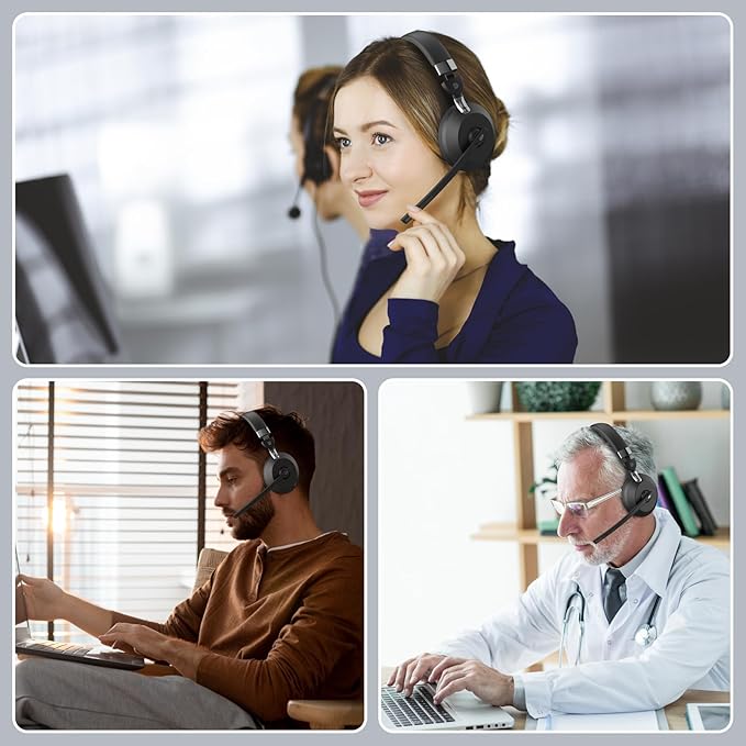 Wireless Headset with Mic for Work, Bluetooth Headphones with Microphone (Noise Cancelling) & Charging Base, Wireless Headset for Work from Home/Office/Call Center/PC/Computer/Teams/Zoom/Skype/Laptop