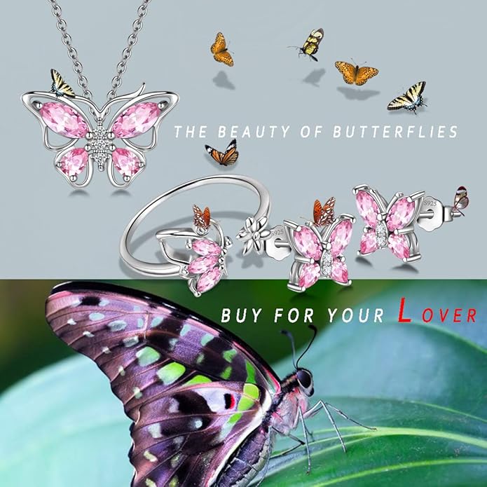 925 Sterling Silver Birthstone Butterfly Jewelry Women Crystal Animal Cute Butterflies Birthday Necklace/Earring/Ring/Bracelet Sets Birth Stone Statement Anniversary Jewellery