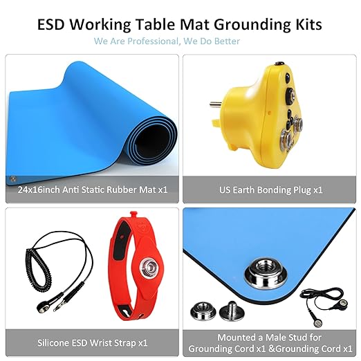 KooMall 24 x 16 Inch ESD Rubber Mat Kits, Anti Static Table Floor Pad for Electronic Device Repair Solder Assembly PC Building, W/H Grounding Kit- Antistatic Wrist Straps Bracelets Cord Plugs, Blue