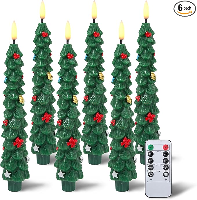 Flameless LED Christmas Tree Candles, 6 Pack – Battery Powered Holiday Lights with Warm Flickering Glow, Safe No-Flame Decor for Mantels, Dinner Parties, Family Gatherings & Gifting