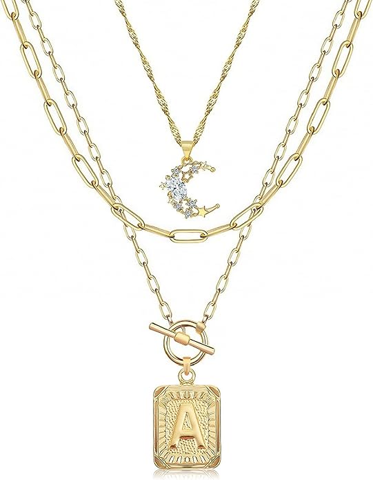 MJartoria Layered Initial Necklaces for Women Trendy, 14K Gold Plated Brass Simple Moon Choker Square Letter Pendant Necklace, Paperclip Chain Necklaces Jewelry Gifts