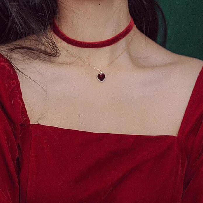 Heart Necklace Valentines Day Gifts for Her, Black Heart Choker Necklace Red Ribbon Choker Love Jewelry as New Year Gifts, Red Velvet Chocker Vintage Jewelry as Birthday Gift for Women