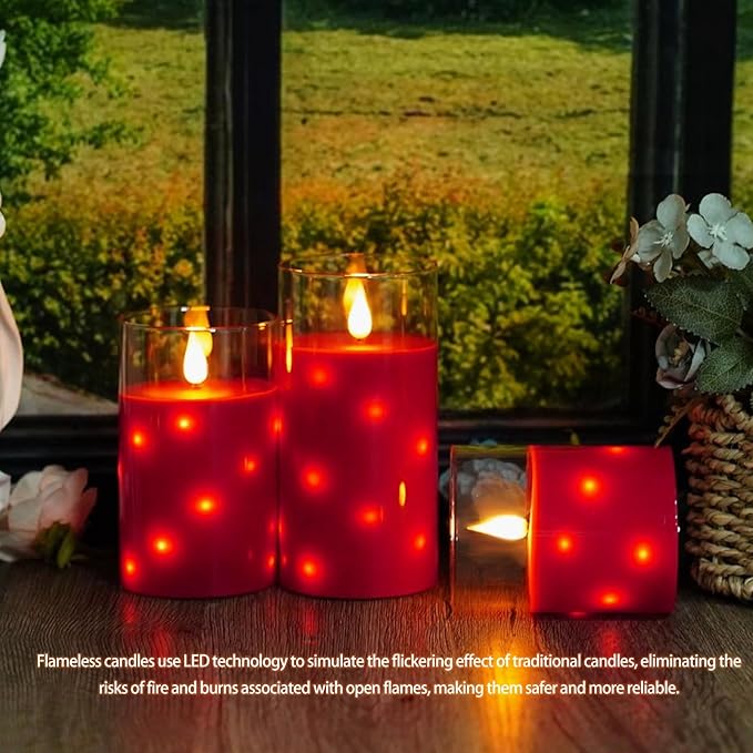 Real Wax Flameless Candles Glass,Battery Operated LED Candles with Flickering Flame,Glass Shell,Interior Star Light Decoration Set of 3 Red (D3×H 4" 5" 6") for Home Decor,Holiday Decoration