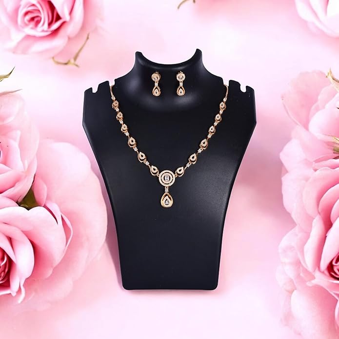 Nilu's Collection American Diamond Stone Studded | Rose Gold/Silver Plated | Anti Tarnish Jewellery Set for Women | Matching Earrings Perfect for Weddings and Special Occasions