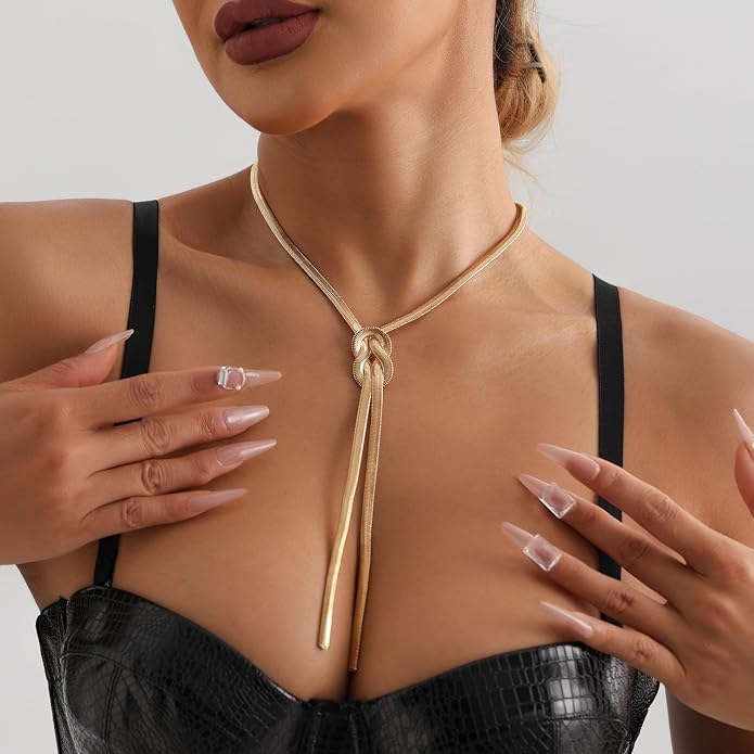PLOUTOS Chunky Gold Knot Choker Necklace for Women Adjustable Double Snake Chain Design Bold Statement Fashion Jewelry Accessory For Party Daily Wear Gift