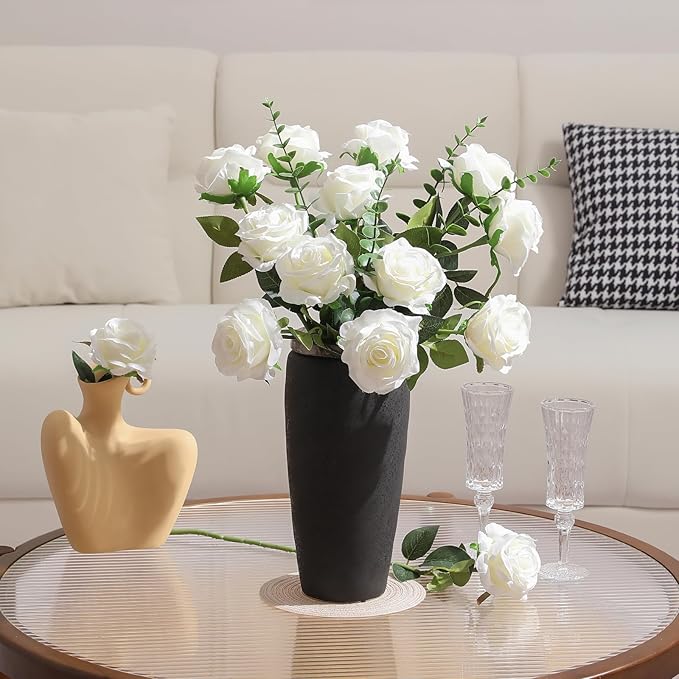 Tifuly 50pcs Roses Artificial Flowers Bulk,Realistic Long Stem Fake Silk Roses for Wedding Centerpiece Table Vases Party Home Kitchen DIY Bouquets Decor（Off White）