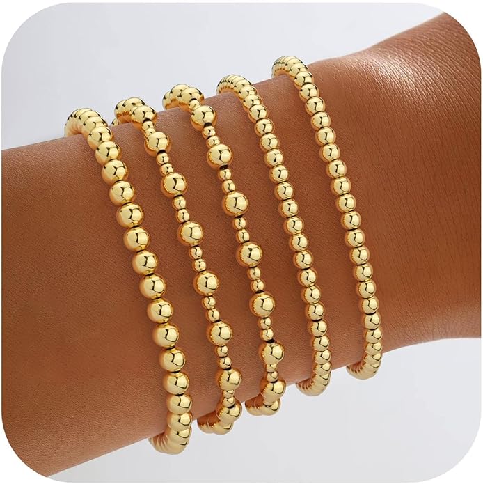 Howoo Gold Bracelets for Women Beaded Initial Bracelet Stack Dainty Heart Stretch Gold Charm Bracelet Jewelry for Women Trendy