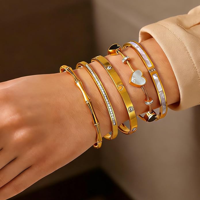 ZhiRui Women's 18K Gold Plated Stackable Bracelet Set - Waterproof Mother of Pearl Heart Cubic Zirconia Jewelry Gifts for Women