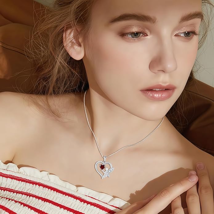Guardian Angel Necklace 925 Sterling Silver Heart Angel Wings Pendant Birthstone Jewelry for Women