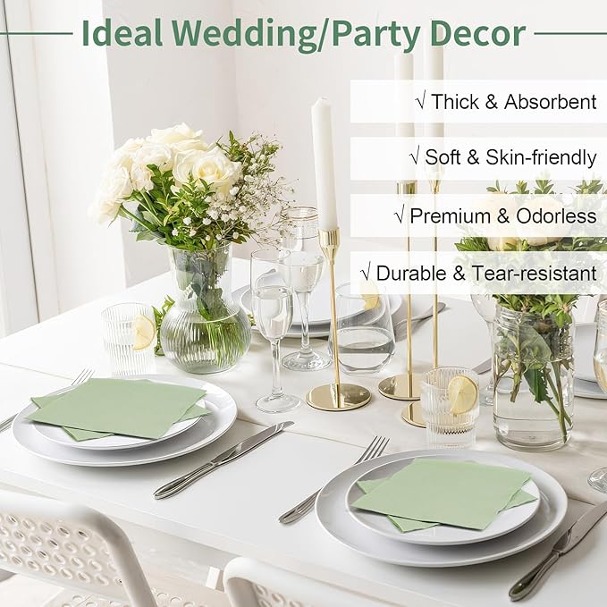 100 Pack Cocktail Napkins, 2-Ply 5x5 Inch Beverage Napkins, Square Edged Disposable Paper Napkins for Wedding, Birthday Party, Dinner, Coffee Bar (Sage Green)