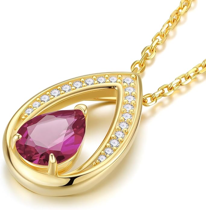 Iefil Valentines Day Gifts for Her - 14K Gold Plated Birthstone Necklace for Women, 925 Sterling Silver Teardrop Necklace, Anniversary Birthday Gifts for Wife Girlfriend Mom