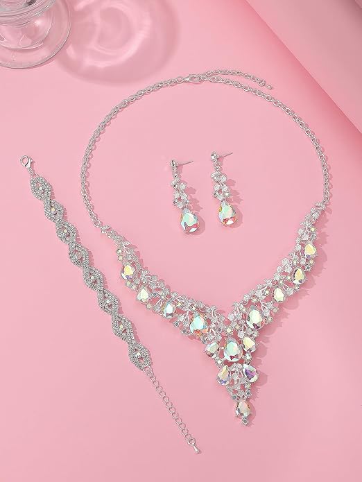 Wedding Bridal Bridesmaid Austrian Crystal Rhinestone Jewelry Sets Statement Choker Necklace Earrings Bracelets Sets for Wedding Party Prom