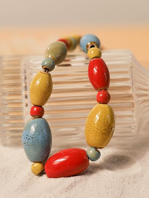 MINACHI Boho Hippie Round Ceramic Beads Strand Necklace, Vintage Bohemian Summer Beach Jewelry Gift for Women