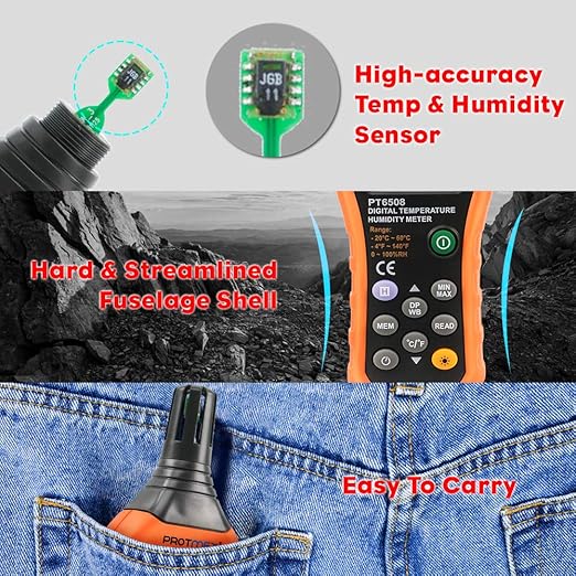 Protmex PT6508 Temperature Humidity Meter, Digital Thermometer Hygrometer Monitor with Ambient, Dew Point, Wet Bulb for Indoor/Outdoor MIN, MAX, Data Hold, LCD Backlight