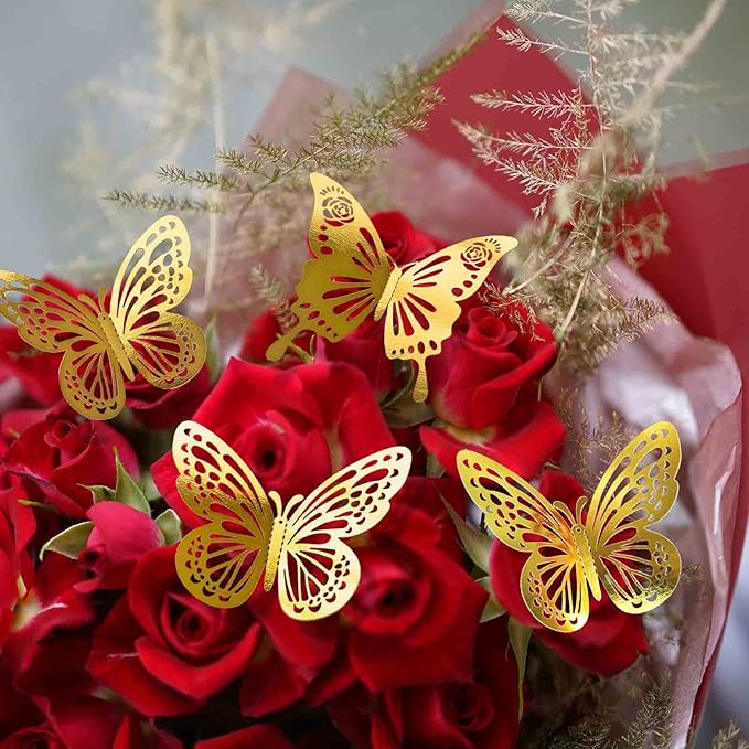 Gold Butterfly Decorations 48Pcs 2 Styles 3 Sizes 3D Paper Butterflies Stickers Wall Decor for Cake Cupcake Toppers Golden Graduation Grad Cap Decals for Birthday Party Baby Shower Kids Girl Room