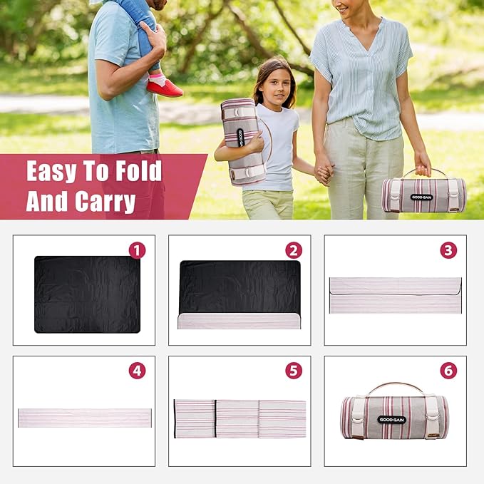 G GOOD GAIN Waterproof Picnic Blanket Portable with Carry Strap for Beach Mat or Family Outdoor Camping Party（Oat）