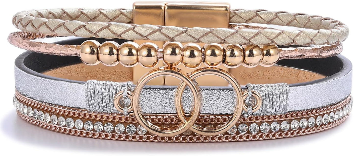FANCY SHINY Boho Leather Wrap Bracelet Stackable Infinity Chunky Cuff Bracelets Western Hippie Outfits Jewelry Valentine Gifts for Women