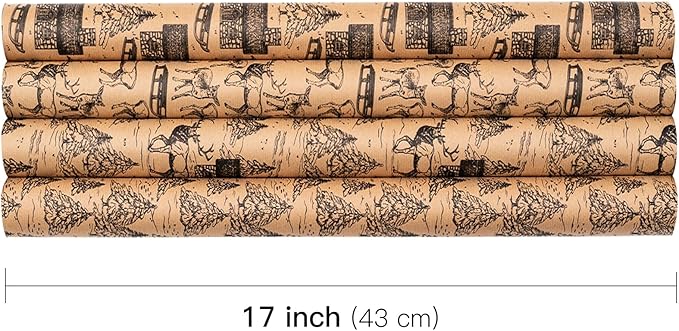 RUSPEPA Kraft Wrapping Paper Rolls - 17 inches x 10 feet per Roll, Total of 4 Rolls, Black Sketch Design