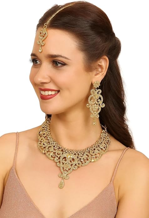 Touchstone Indian jewelry set for women bollywood gold jewellery wedding outfits necklace sets earrings bridal maang tikka fancy costume girls big desi accessories rhinestone in gold or silver tone