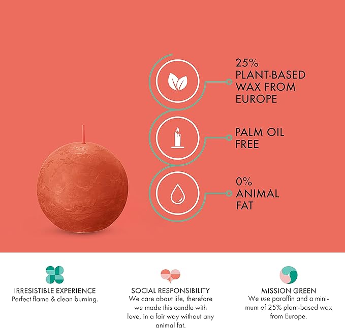 BOLSIUS 3 Pack Orange Rustic Ball Pillar Candles - 3 Inch - Premium European Quality - Includes Natural Plant-Based Wax - Unscented Dripless Smokeless 25 Hour Party Décor and Wedding Candles