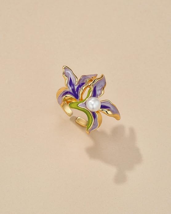 Gold Rose Pink Enamel Floral CZ FULLY ADJUSTABLE Statement Open Ring for Women by SNGIA, Daisy Orchid Flower Leaf Summer Beach Handmade Unique Pinky Band, Chunky Sunflower Stackable Cute Cuff Cocktail Ring Birthday Gift, Natural Bold Exaggerated Irregu...