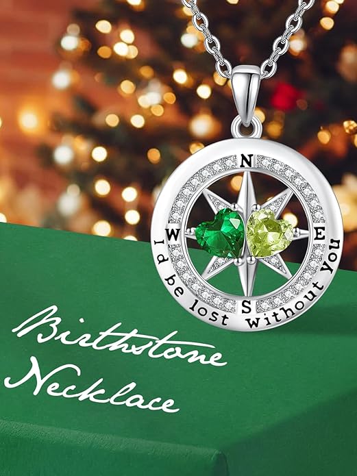 Compass Necklace for Women, Exquisite S925 Valentines Day Anniversary Birthday Gifts for Wife Her Double Birthstone Pendant Jewelry ‘I'd be Lost Without You’