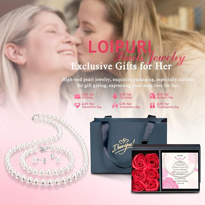 Pearl Necklace and Earring Set Include Stunning Bracelet, Pearl Jewelry Set for Women with Preserved Rose Box