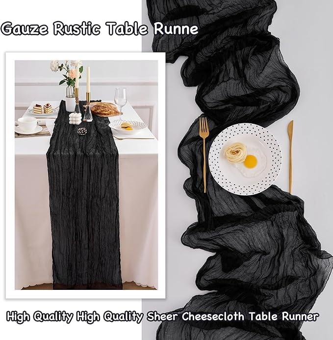 10 Pack Black Table Runner 120 Inch Cheesecloth Table Runner 10FT Boho Gauze Table Runner Long Cheese Cloth Table Runner Semi Sheer Runners for Wedding Bridal Baby Shower Party