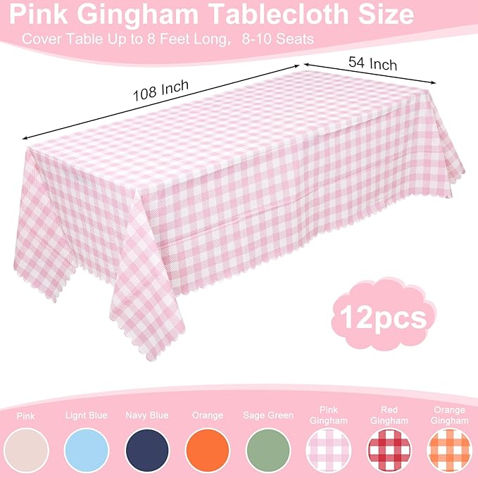 12 Pack Pink Gingham Tablecloth, 54 X 108Inch Plastic Pink Table Checkered Tablecloth Waterproof Pink and White Spring Checkered Tablecloths for Mothday’s Day Picnic Birthday Barbecue Parties