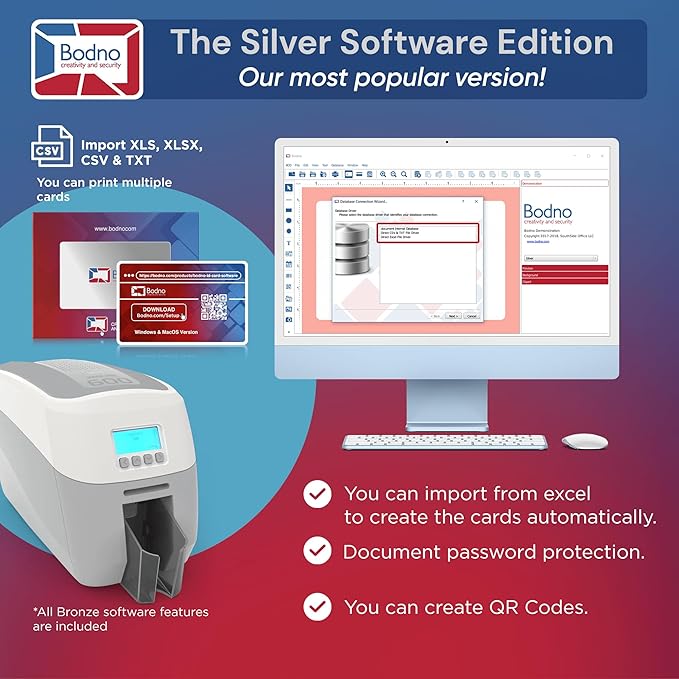 Bodno Magicard 600 Dual Sided ID Card Printer & Complete Supplies Package ID Software - Silver Edition
