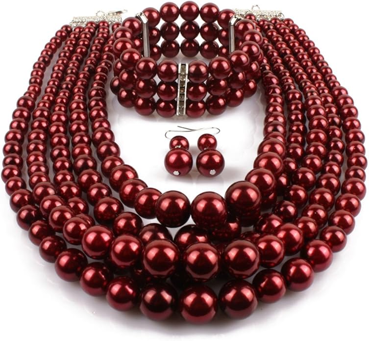 Exaggerated Imitation pearl multi-layer Necklace+bracelet+earring Large pearl necklace Wedding jewelry set for Women's and girls gifts（Multicolor optional）
