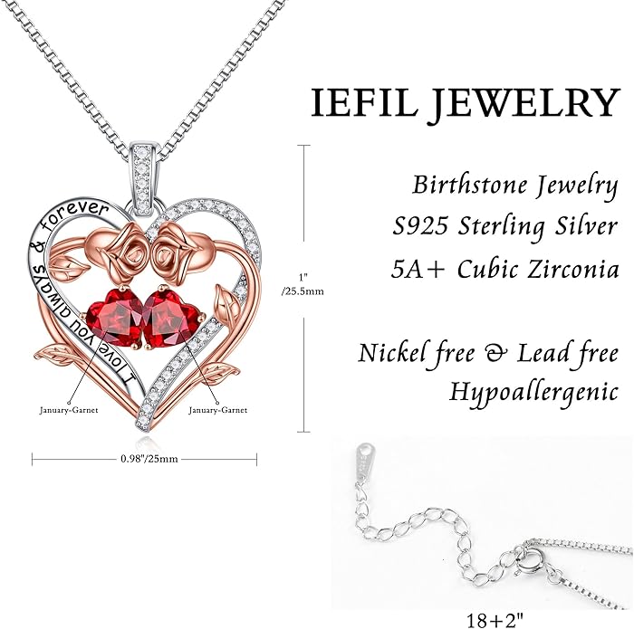 Iefil Valentines Gifts for Her Wife Women - Rose Heart Double Birthstone Necklace Gift for Wife Girlfriend Her Women, Birthstone Jewelry Gemstone Birthday Gifts for Mom Grandma Her