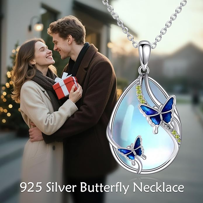 KQF Dragonfly/Butterlfy/Cat/Jellyfish/Bunny/Axolotl/Bee/Mermaid/Hummingbird/Elephant Necklace for Women Sterling Silver Moonstone Pendant Necklace Dragonfly Jewelry Gifts for Women
