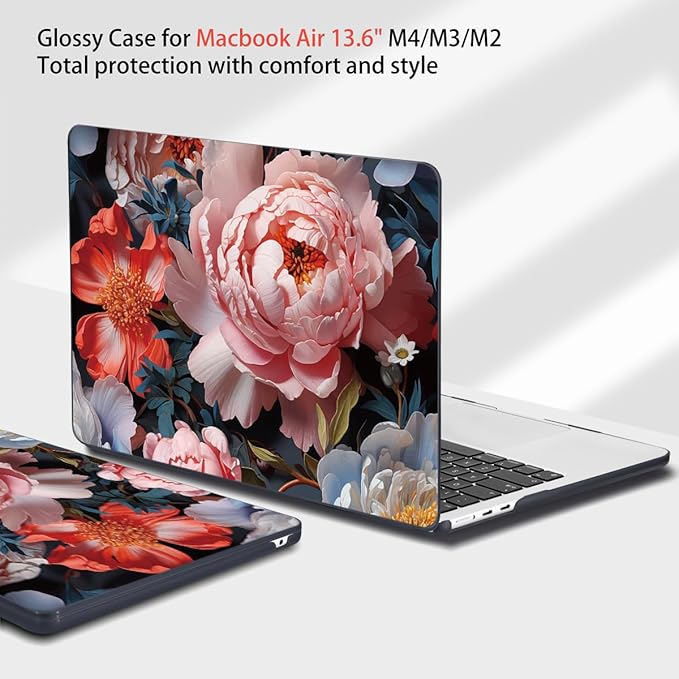 Teryeefi Compatible with A2681 A3113 A3240 MacBook Air 13.6 inch Case M2 M3 M4 Release 2022 2023 2024 2025,Design Slim Cover+Keyboard Cover+OTG Adapter for 13.6 inch MacBook Air, Colorful Peonies