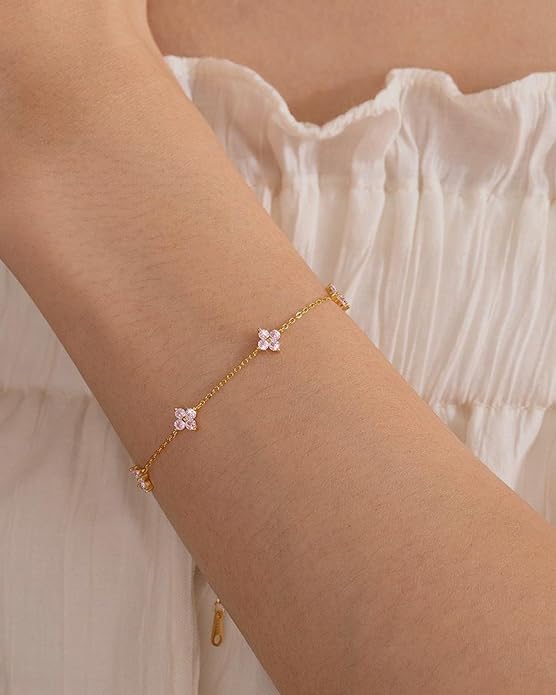 JSJOY Birthstone Bracelets for Women, 14K Gold Bracelets for Women Mom Gifts Birthday Valentines Day Gifts for Gf Dainty Flower Gift for Her Birthstone Bracelet Mothers Day Gift
