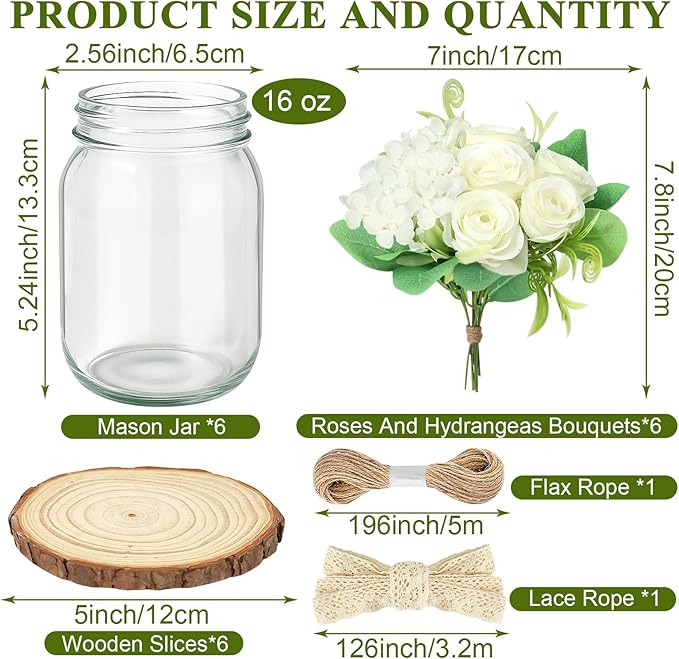 Set 6 Mason Jar Table Centerpiece - Wedding Centerpieces for Tables, Mason Jar Flower Centerpiece Vases Decor- Boho Farmhouse Rustic for Engagement, Bridal Shower, Wedding, Versatile Decor (White)